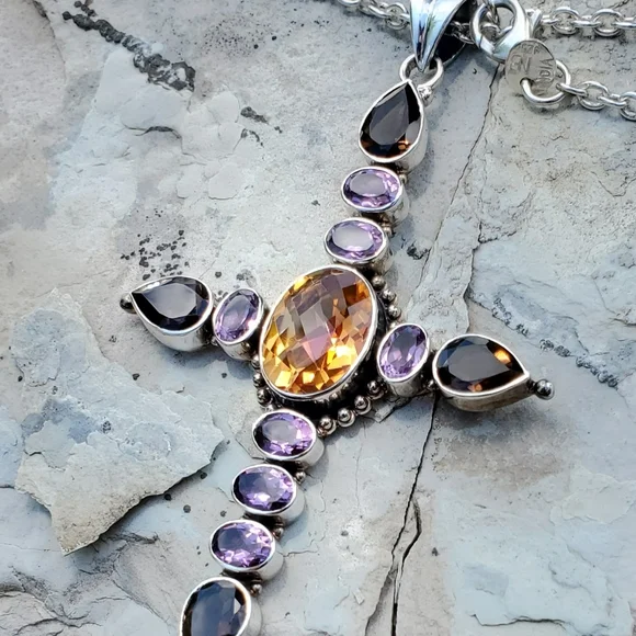 NICKY BUTLER NB 925 Sterling Silver Amethyst Smoky Quartz Cross Pendant Necklace - Picture 12 of 12